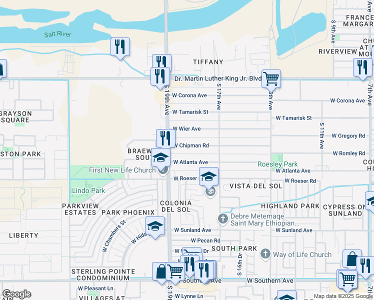 map of restaurants, bars, coffee shops, grocery stores, and more near 1820 West Chipman Road in Phoenix
