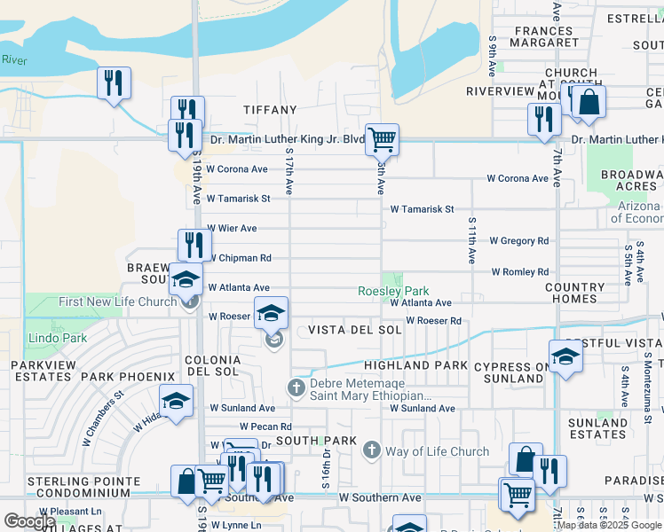 map of restaurants, bars, coffee shops, grocery stores, and more near 1620 West Chipman Road in Phoenix