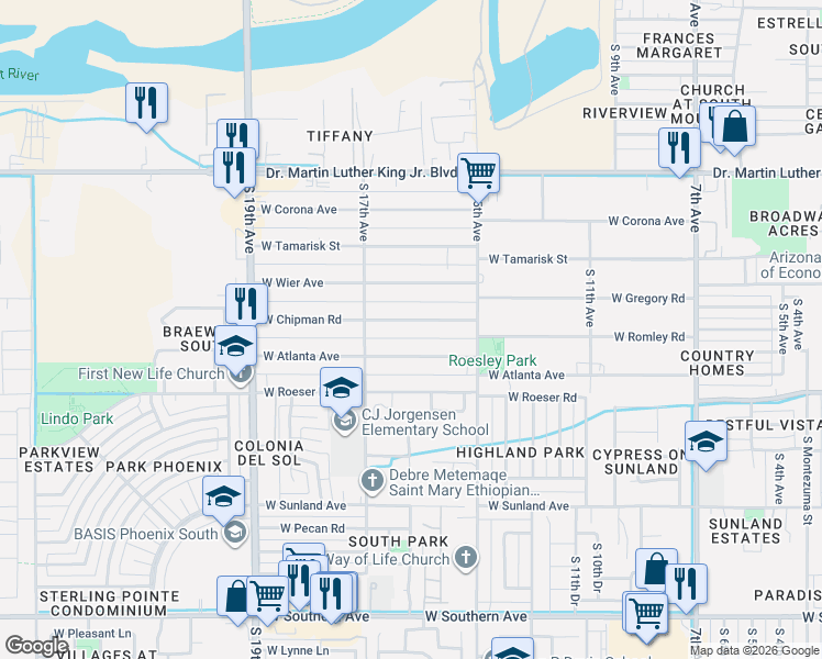 map of restaurants, bars, coffee shops, grocery stores, and more near 1620 West Chipman Road in Phoenix