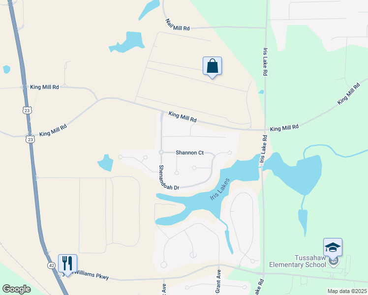 map of restaurants, bars, coffee shops, grocery stores, and more near 321 Shannon Court in McDonough
