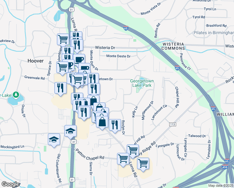 map of restaurants, bars, coffee shops, grocery stores, and more near 3132 Carousel Court in Hoover