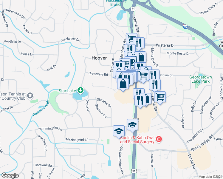map of restaurants, bars, coffee shops, grocery stores, and more near 1850 Valgreen Lane in Hoover