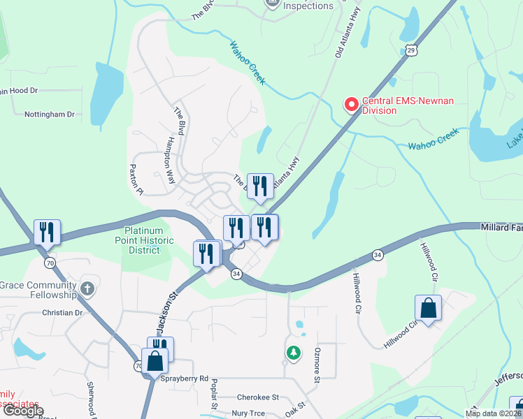 map of restaurants, bars, coffee shops, grocery stores, and more near 10 The Boulevard in Newnan