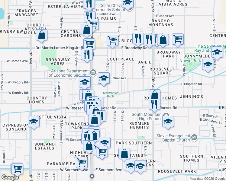 map of restaurants, bars, coffee shops, grocery stores, and more near 4819 South 2nd Street in Phoenix