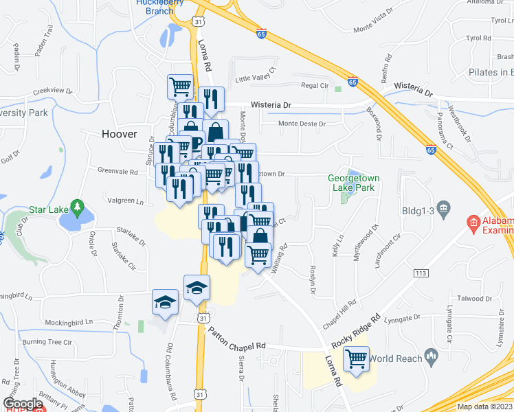 map of restaurants, bars, coffee shops, grocery stores, and more near 3081 Lorna Road in Hoover
