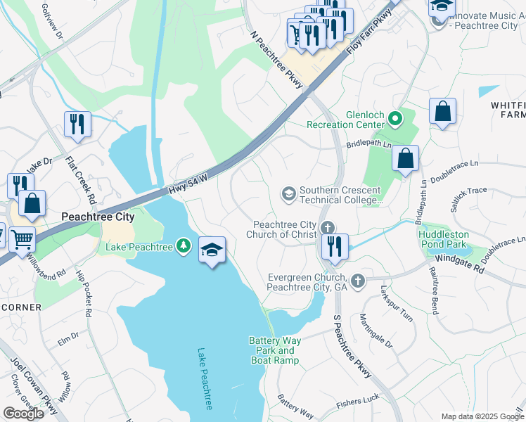 map of restaurants, bars, coffee shops, grocery stores, and more near 105 Pine Cone Break in Peachtree City