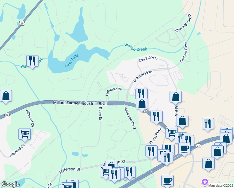 map of restaurants, bars, coffee shops, grocery stores, and more near 37 Calumet Parkway in Newnan