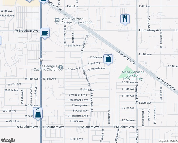 map of restaurants, bars, coffee shops, grocery stores, and more near 831 East Granada Avenue in Apache Junction