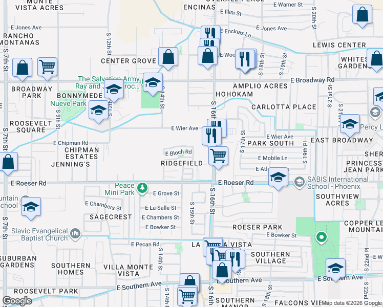 map of restaurants, bars, coffee shops, grocery stores, and more near 4909 South 15th Place in Phoenix