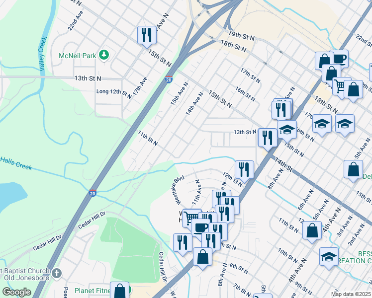 map of restaurants, bars, coffee shops, grocery stores, and more near 1124 13th Ave N in Bessemer