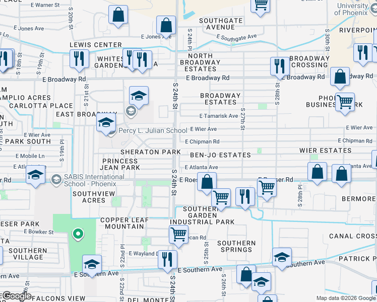 map of restaurants, bars, coffee shops, grocery stores, and more near 2423 East Chipman Road in Phoenix