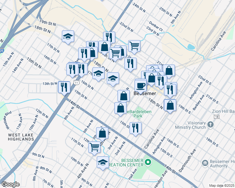 map of restaurants, bars, coffee shops, grocery stores, and more near 523 17th Street North in Bessemer