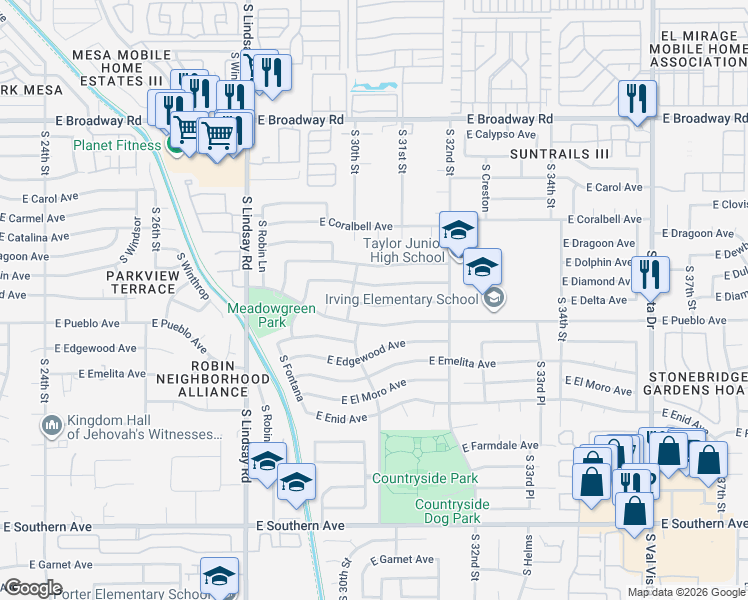 map of restaurants, bars, coffee shops, grocery stores, and more near 3045 East Diamond Avenue in Mesa