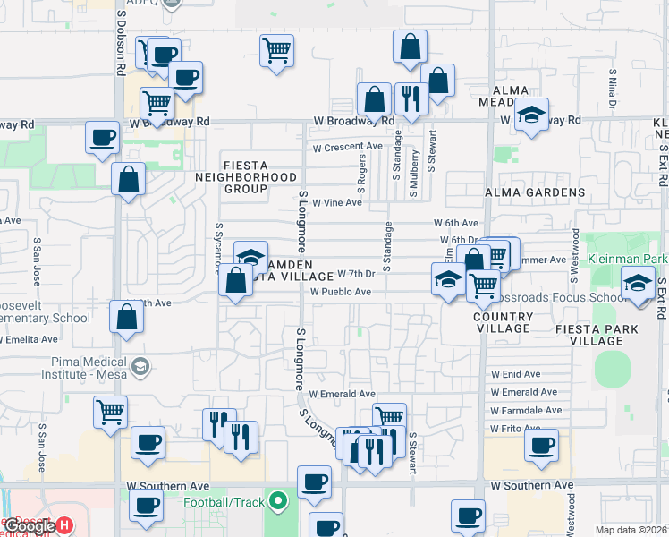 map of restaurants, bars, coffee shops, grocery stores, and more near 1513 West 7th Avenue in Mesa