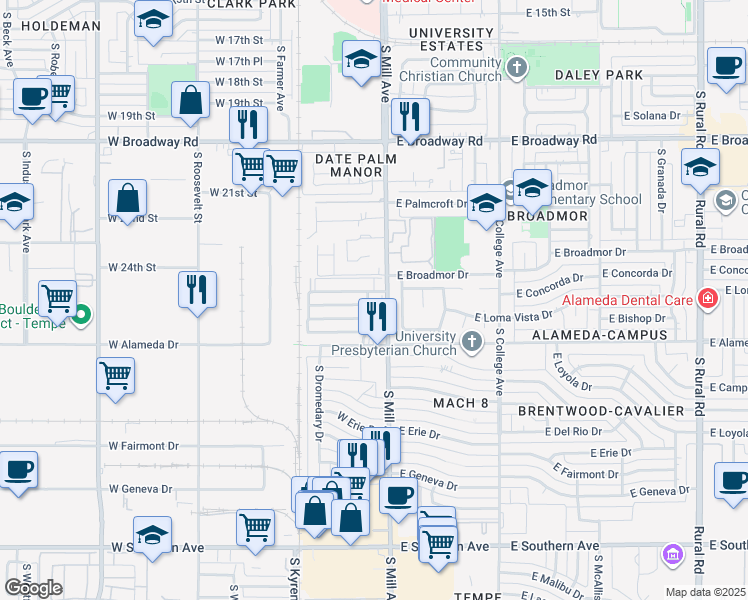 map of restaurants, bars, coffee shops, grocery stores, and more near 16 West Concorda Drive in Tempe