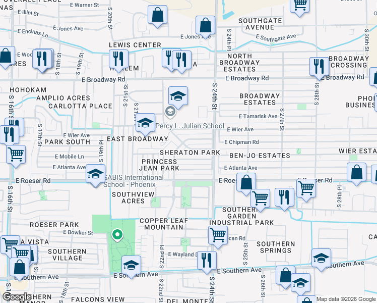 map of restaurants, bars, coffee shops, grocery stores, and more near 2302 East School Drive in Phoenix