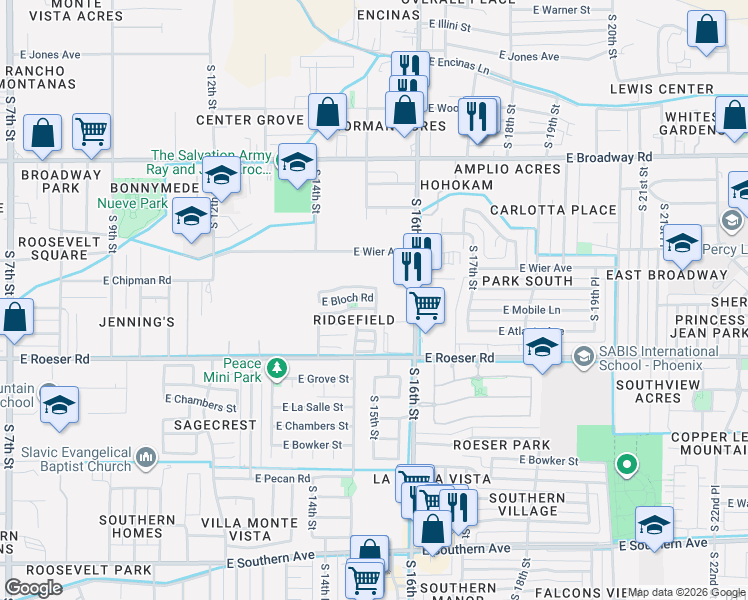 map of restaurants, bars, coffee shops, grocery stores, and more near 4909 South 15th Place in Phoenix