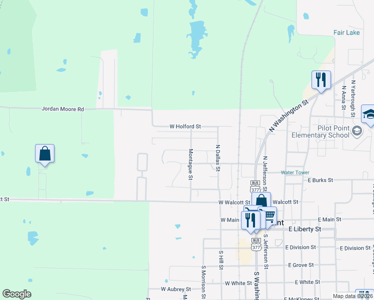 map of restaurants, bars, coffee shops, grocery stores, and more near 608 Gould Street in Pilot Point