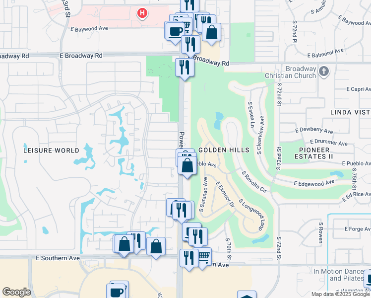 map of restaurants, bars, coffee shops, grocery stores, and more near 709 South Power Road in Mesa