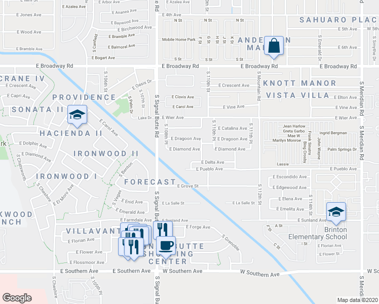 map of restaurants, bars, coffee shops, grocery stores, and more near 10921 East Diamond Avenue in Mesa