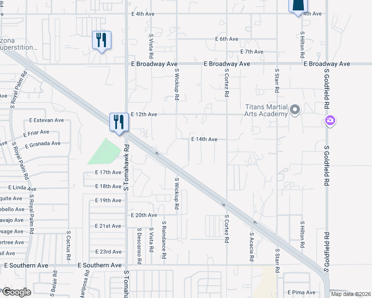 map of restaurants, bars, coffee shops, grocery stores, and more near 1480 South Chaparral Road in Apache Junction