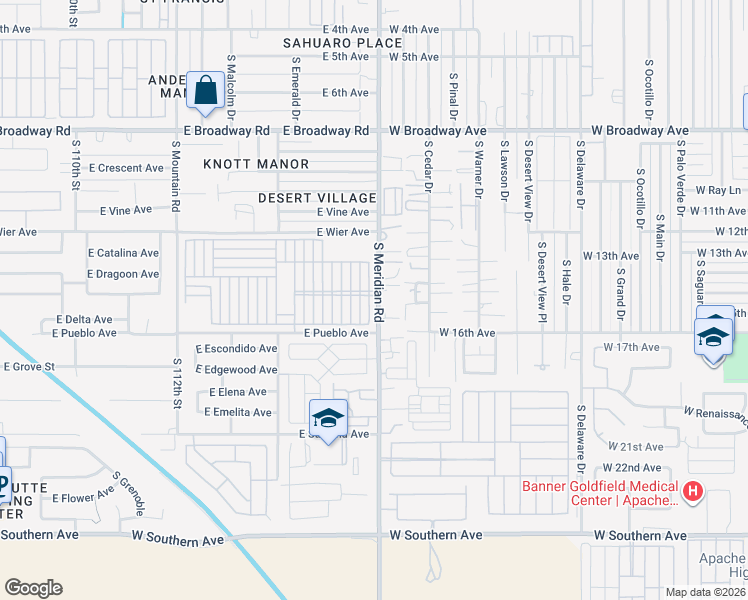 map of restaurants, bars, coffee shops, grocery stores, and more near 702 South Meridian Road in Apache Junction