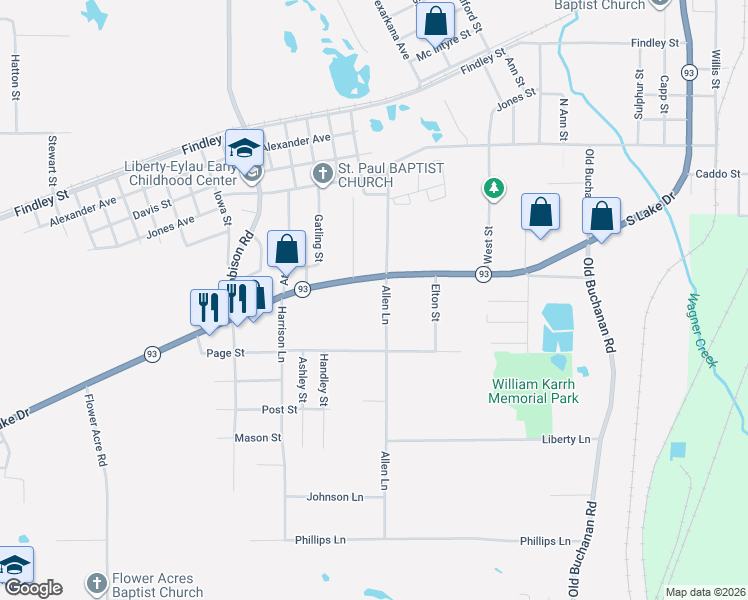 map of restaurants, bars, coffee shops, grocery stores, and more near 1900 Allen Lane in Texarkana