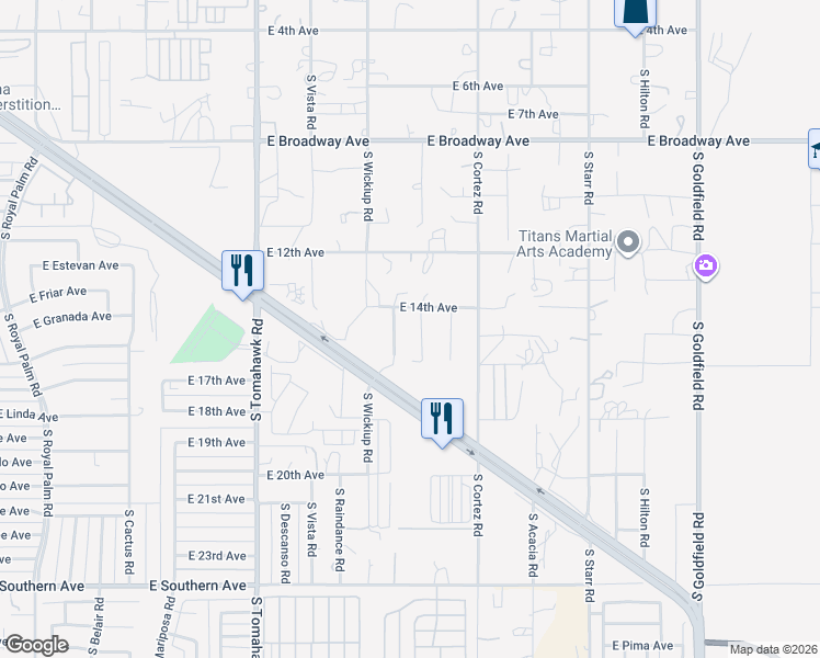 map of restaurants, bars, coffee shops, grocery stores, and more near 1480 South Chaparral Road in Apache Junction