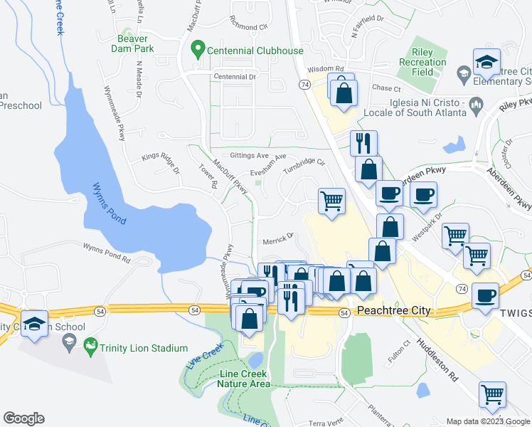 map of restaurants, bars, coffee shops, grocery stores, and more near 103 Saint Albans Way in Peachtree City
