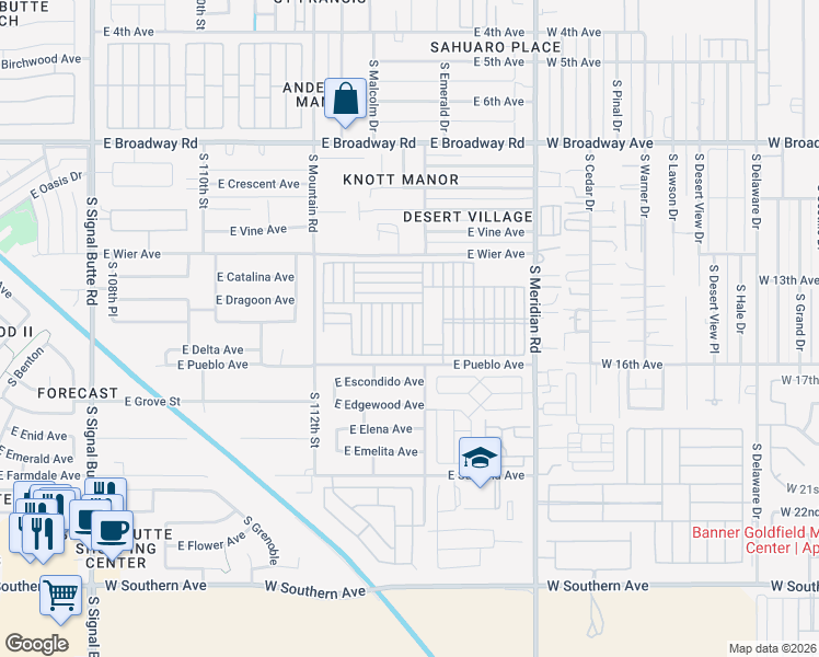 map of restaurants, bars, coffee shops, grocery stores, and more near 702 South Meridian Road in Mesa