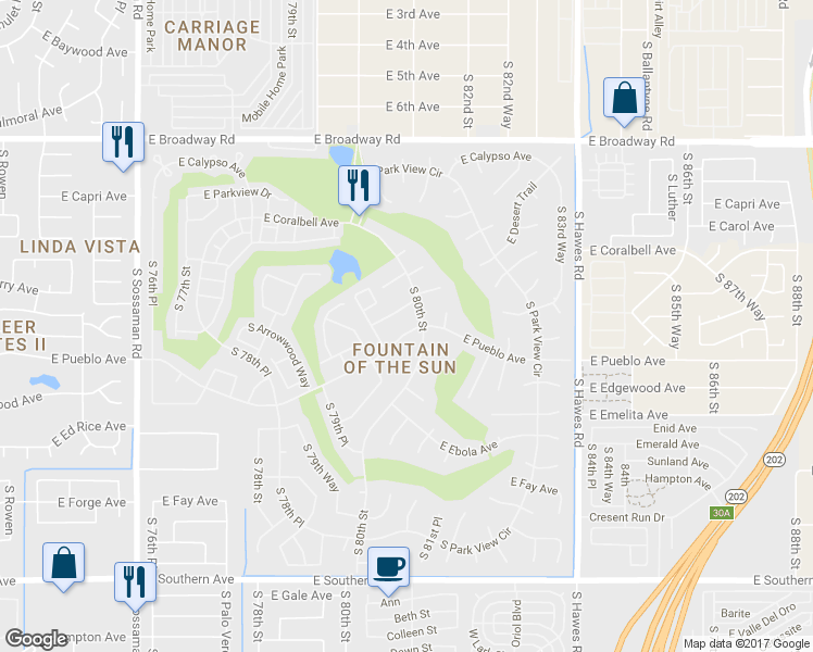 map of restaurants, bars, coffee shops, grocery stores, and more near 7950 East Pueblo Avenue in Mesa