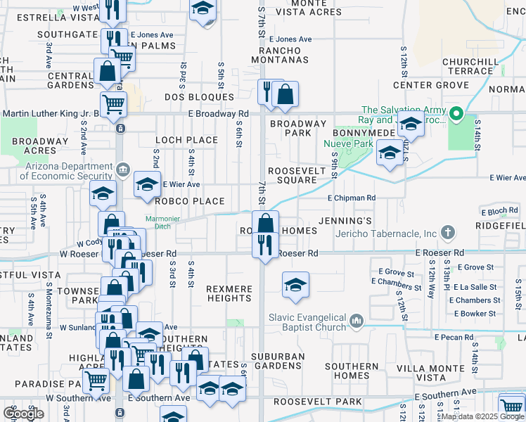 map of restaurants, bars, coffee shops, grocery stores, and more near South 7th Street in Phoenix