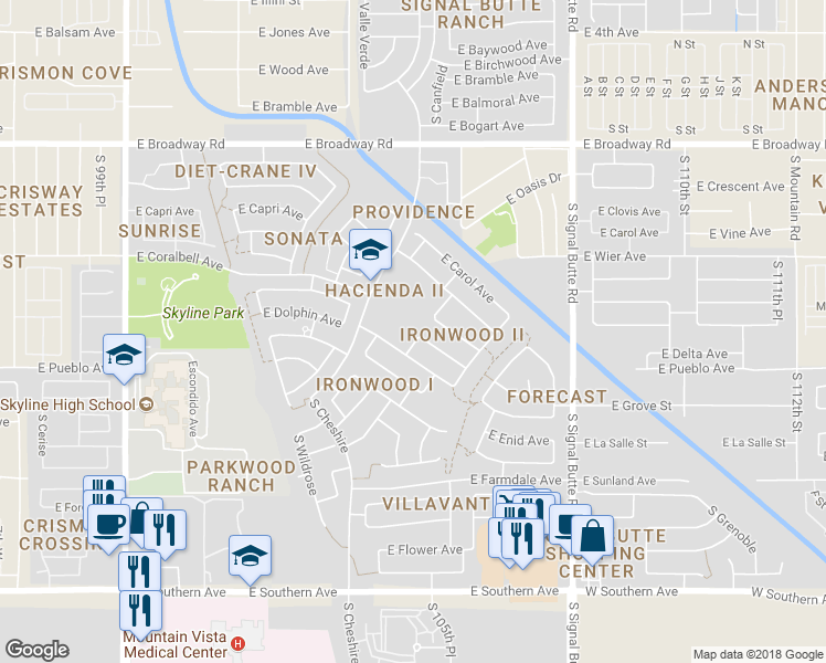 map of restaurants, bars, coffee shops, grocery stores, and more near 702 South Sabrina in Mesa