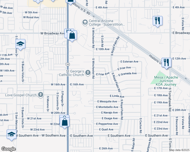 map of restaurants, bars, coffee shops, grocery stores, and more near 427 East Friar Avenue in Apache Junction