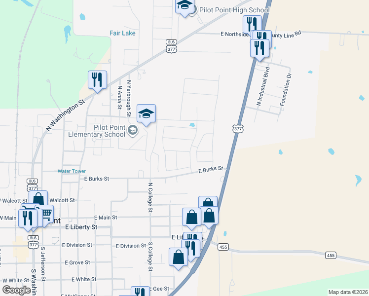 map of restaurants, bars, coffee shops, grocery stores, and more near 400 U.S. 377 in Pilot Point