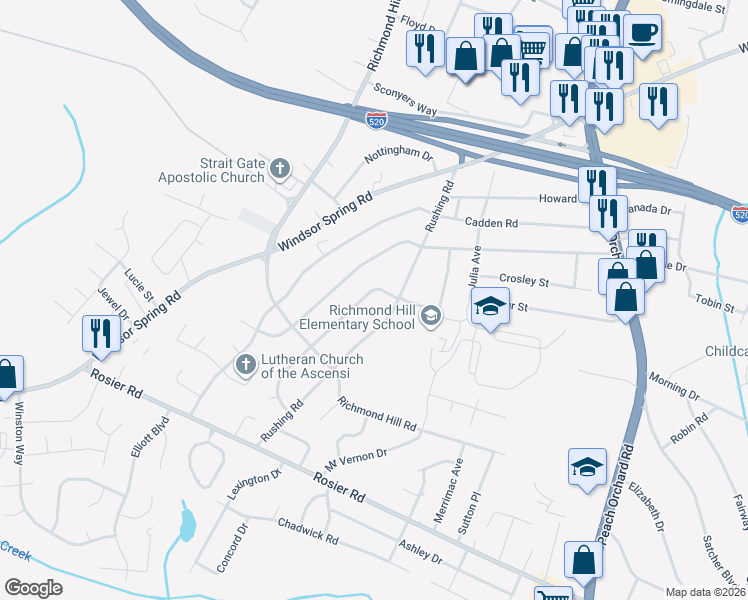 map of restaurants, bars, coffee shops, grocery stores, and more near 2208 Mura Drive in Augusta