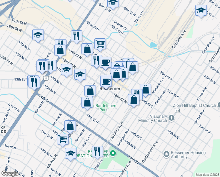map of restaurants, bars, coffee shops, grocery stores, and more near in Bessemer