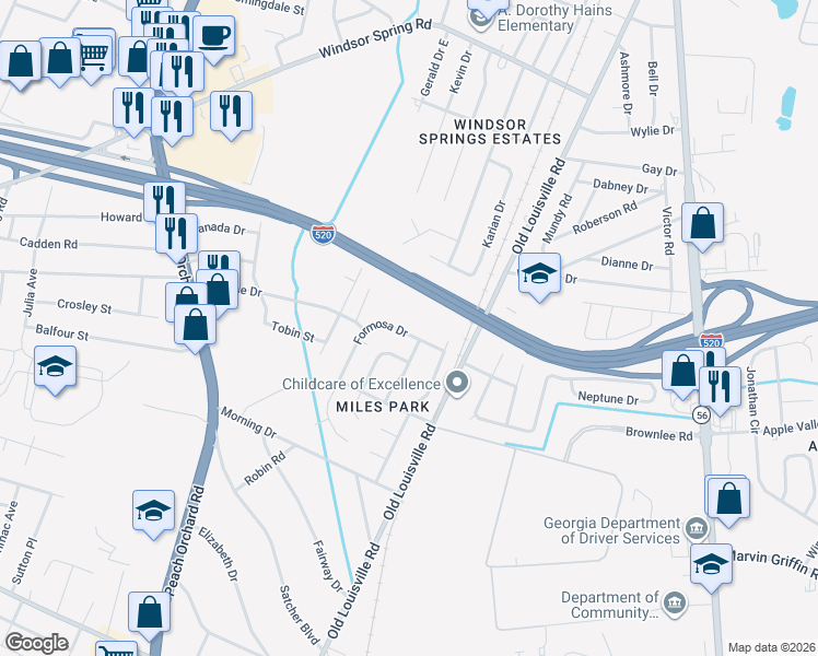 map of restaurants, bars, coffee shops, grocery stores, and more near 1811 Formosa Drive in Augusta