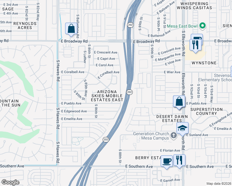 map of restaurants, bars, coffee shops, grocery stores, and more near 8737 East Dolega Avenue in Mesa