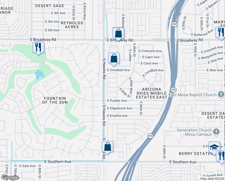 map of restaurants, bars, coffee shops, grocery stores, and more near 656 South 86th Street in Mesa