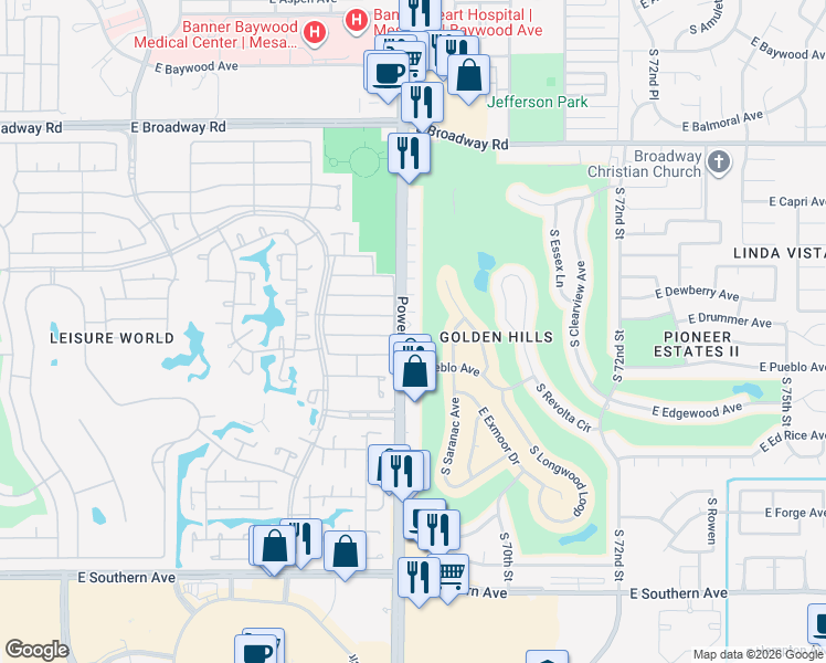 map of restaurants, bars, coffee shops, grocery stores, and more near 709 South Power Road in Mesa