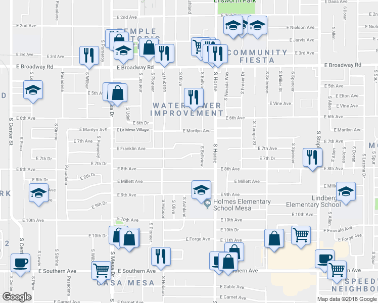 map of restaurants, bars, coffee shops, grocery stores, and more near 716 East 7th Drive in Mesa