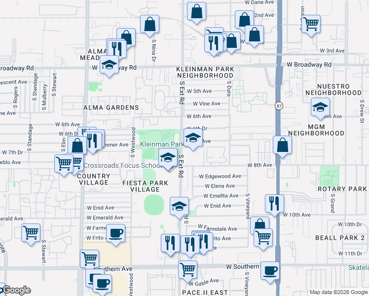 map of restaurants, bars, coffee shops, grocery stores, and more near 715 South Extension Road in Mesa