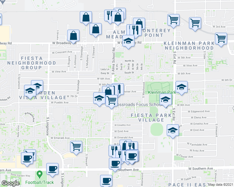 map of restaurants, bars, coffee shops, grocery stores, and more near 1155 West Drummer Avenue in Mesa