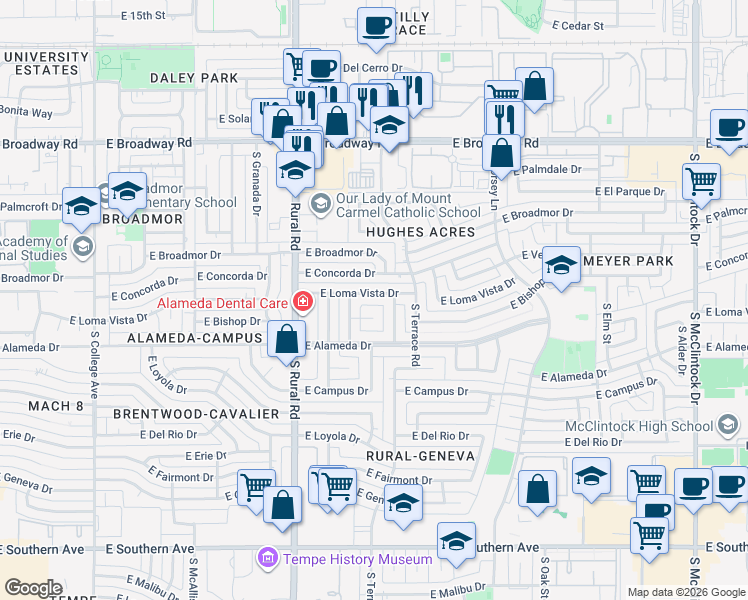 map of restaurants, bars, coffee shops, grocery stores, and more near 1051 East Loma Vista Drive in Tempe