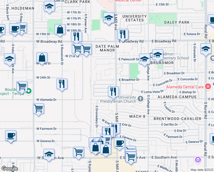 map of restaurants, bars, coffee shops, grocery stores, and more near 16 West Concorda Drive in Tempe