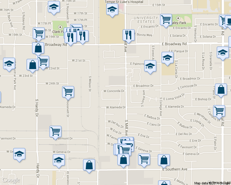 map of restaurants, bars, coffee shops, grocery stores, and more near 16 West Concorda Drive in Tempe