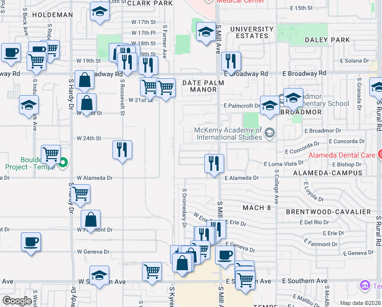 map of restaurants, bars, coffee shops, grocery stores, and more near 104 West Concorda Drive in Tempe