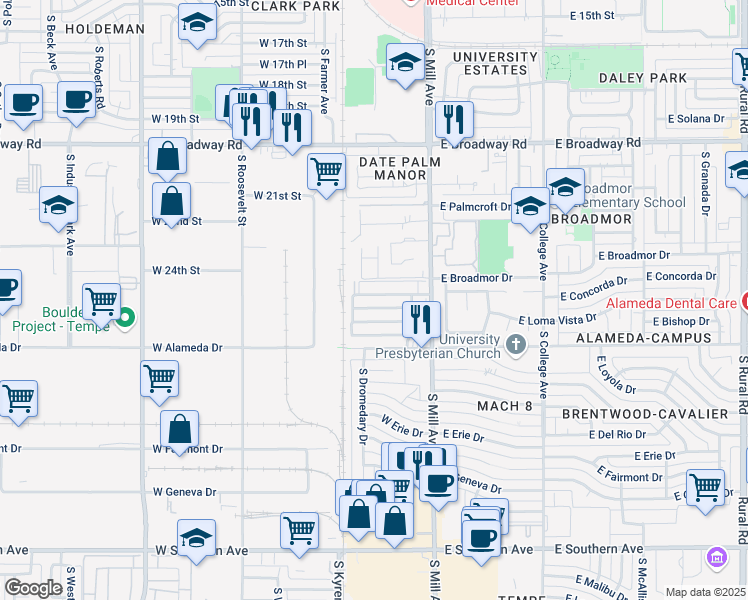 map of restaurants, bars, coffee shops, grocery stores, and more near 104 West Concorda Drive in Tempe