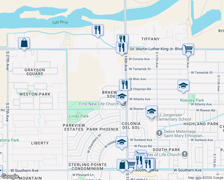 map of restaurants, bars, coffee shops, grocery stores, and more near 2002 West Romley Road in Phoenix